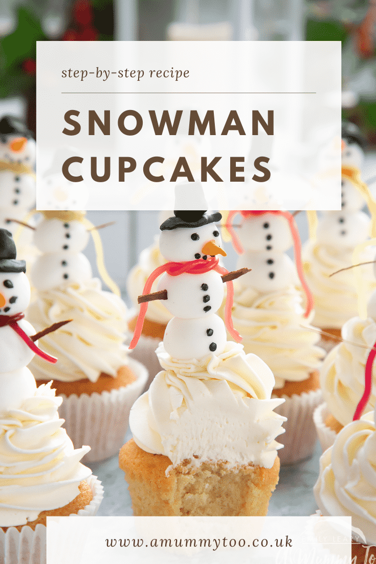 Close up of the snowman cupcakes. The centered cupcake has a bite taken out of it. The text at the top of the image describes the image for Pinterest.