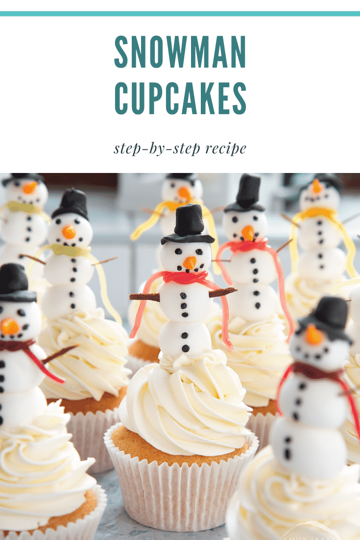 Forward facing image of the snowman cupcakes on a table. There's some teal text at the top of the image describing it for Pinterest.