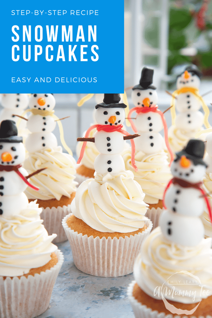 Front on shot of multiple snowman cupcakes on a table. There's some text at the top righthand side of the image describing the image for Pinterest.