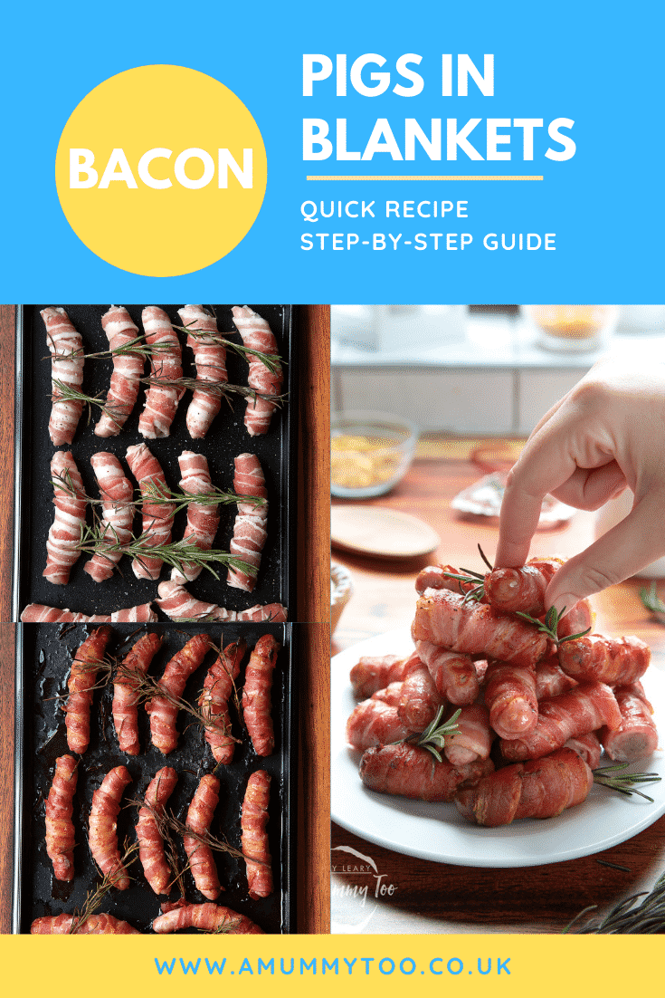 Three process images showing how to make pigs in blankets from sausages wrapped in Bacon.