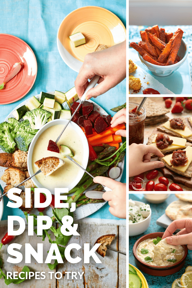 Combination of four images of different starters, snacks, sides and dips recipes used to promote the starters, snacks, sides and dips category page.