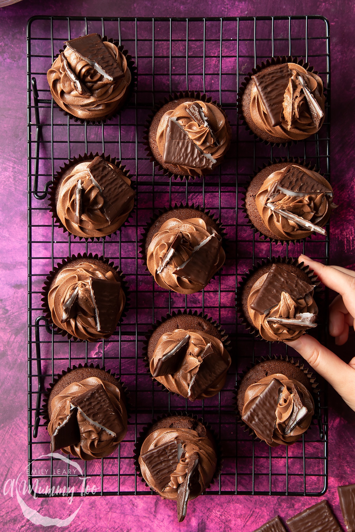 After Eight cupcakes on a cooling rack on a purple surface. A hand reaches for one.