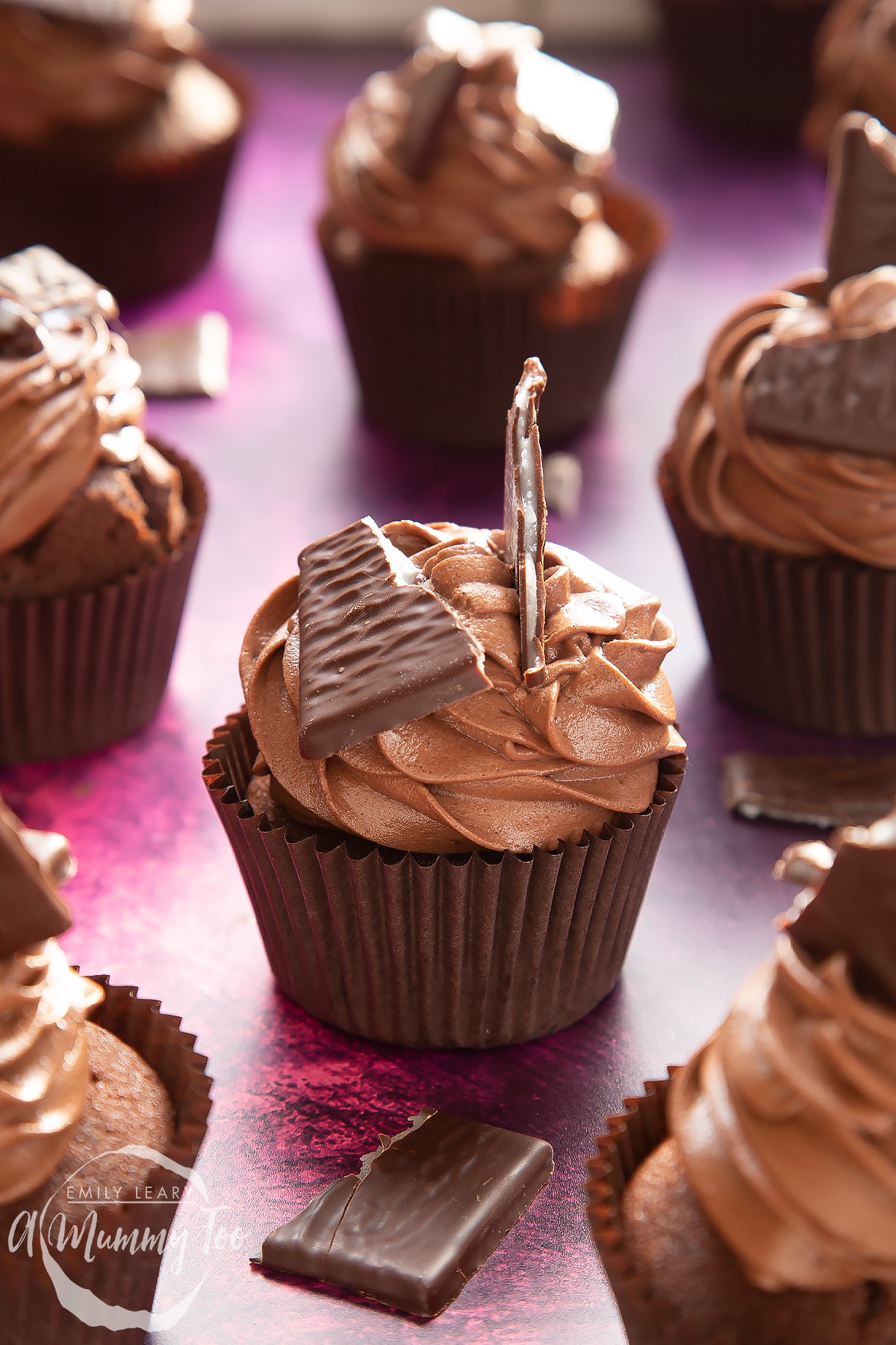 An After Eight cupcake on a purple surface. More cupcakes surround it.