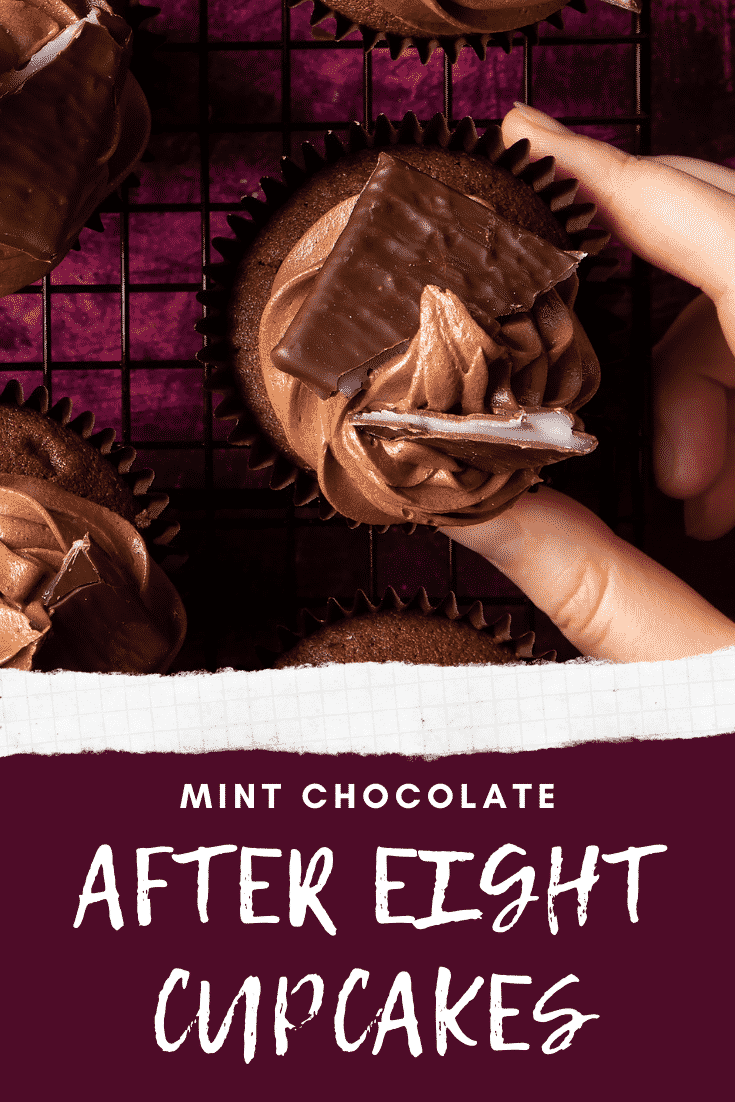 After Eight cupcake on a cooling rack on a purple surface. Caption reads: Mint chocolate After Eight cupcakes