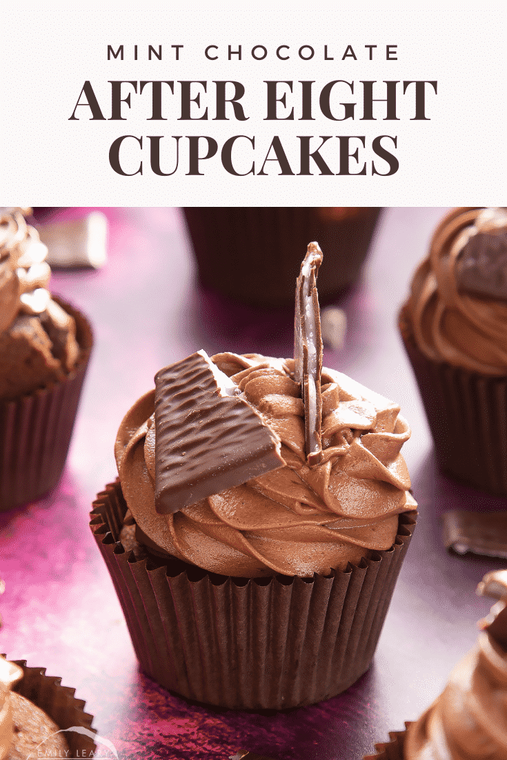 After Eight cupcake on a purple surface. Caption reads: Mint chocolate After Eight cupcakes