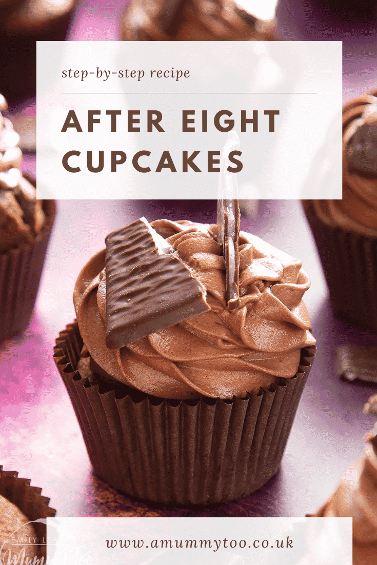 After Eight cupcake on a purple surface. Caption reads: step-by-step recipe After Eight cupcakes