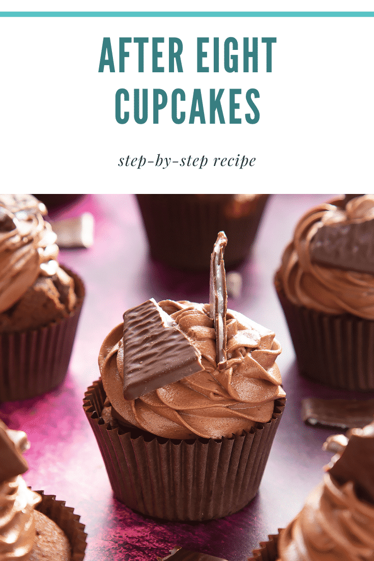 After Eight cupcake on a purple surface. Caption reads: After Eight cupcakes step-by-step guide
