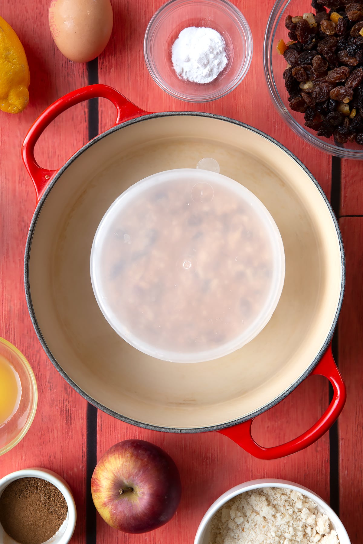 Overhead shot of the bowl inside a pan.