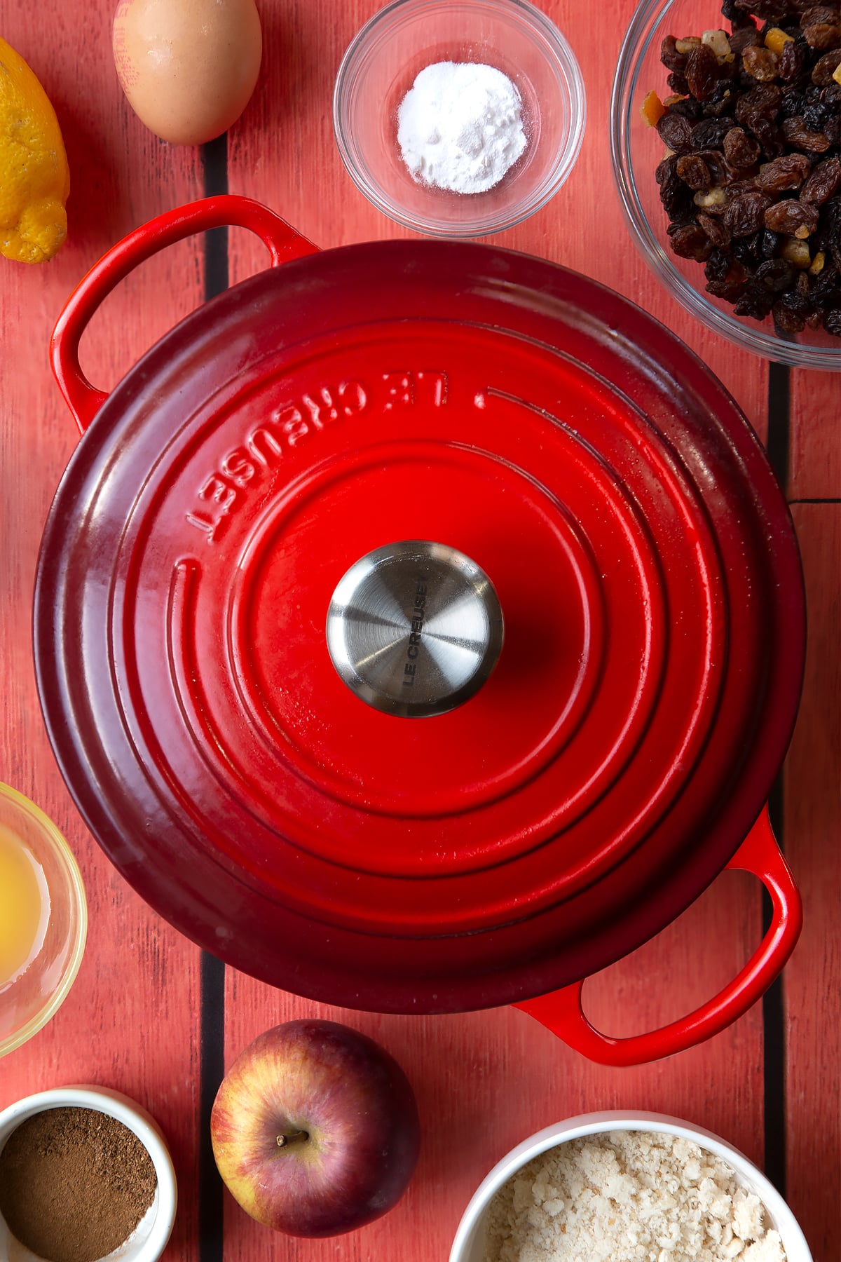 Overhead shot of the lid on top of the pan.