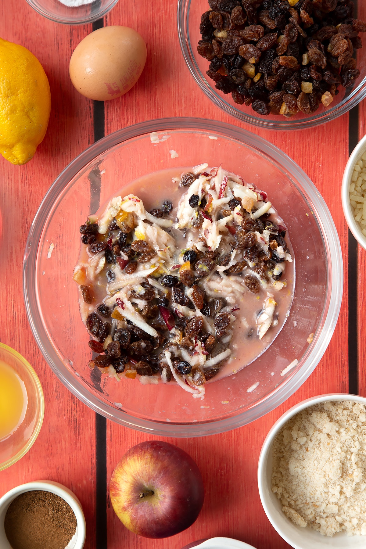 Overhead shot of mixed fruit in a large mixing bowl