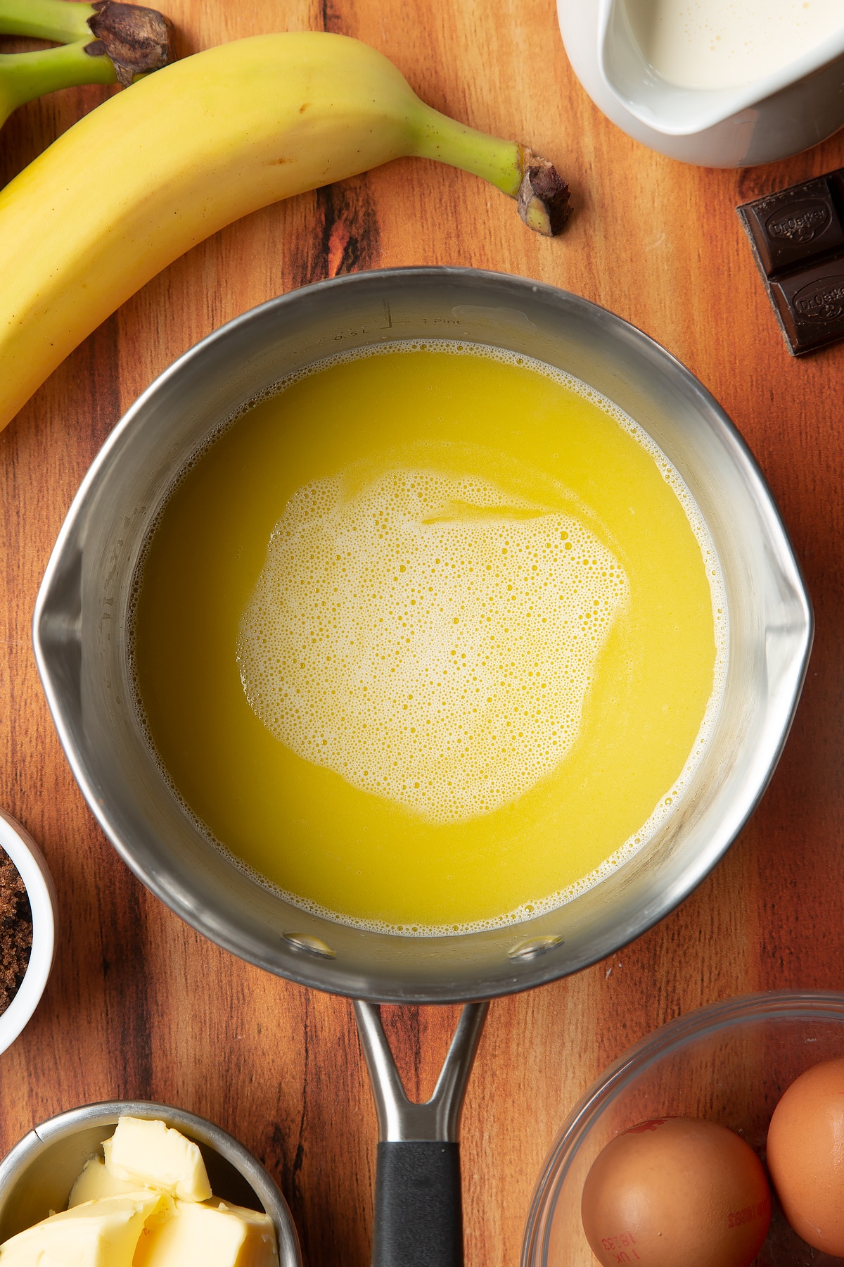 Overhead shot of butter liquid in a pan