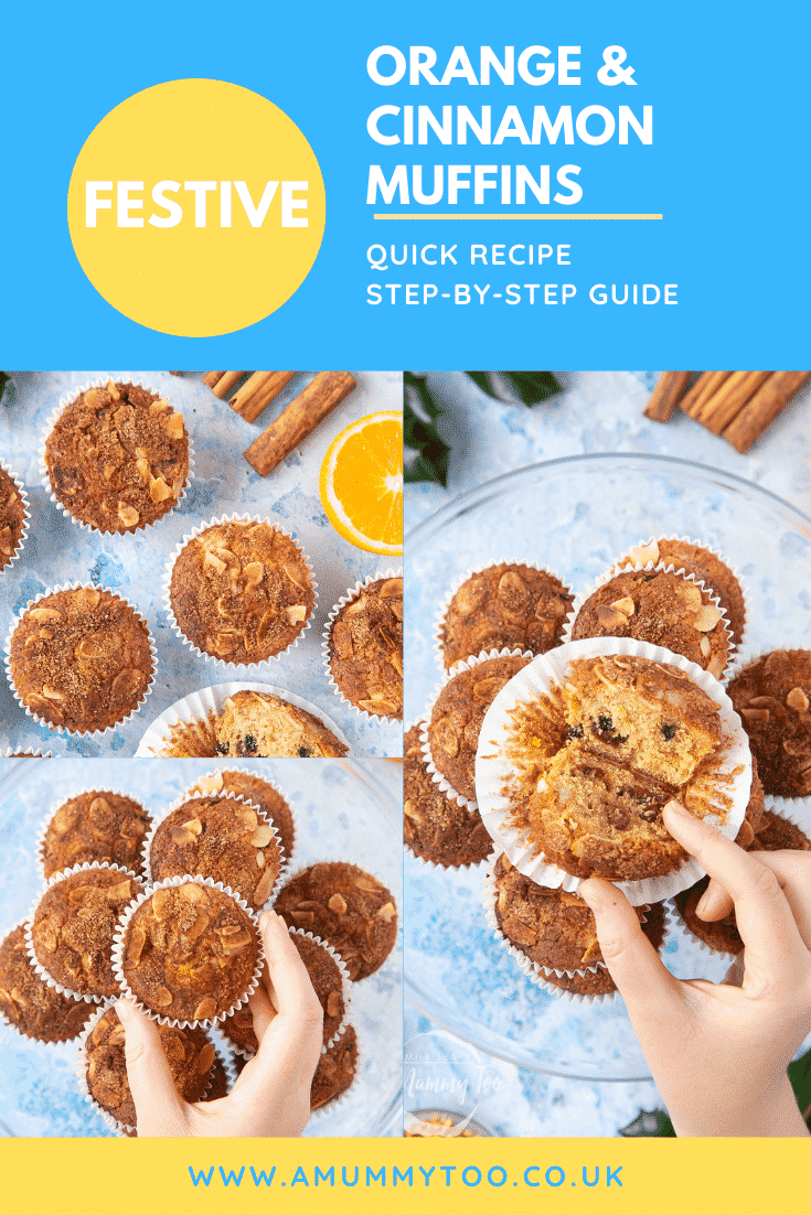 graphic text FESTIVE ORANGE & CINNAMON MUFFINS QUICK RECIPE STEP-BY-STEP GUIDE above collage of three photos of orange cinnamon muffins with website URL below