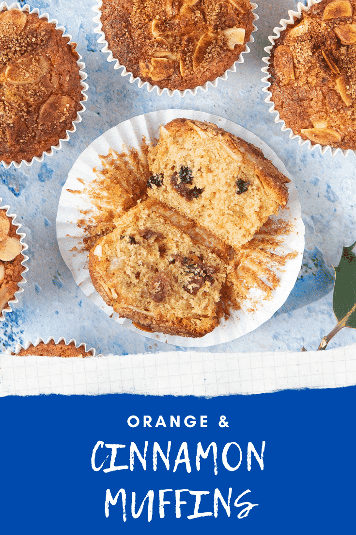 graphic text ORANGE & CINNAMON MUFFINS above uncased halved orange muffins