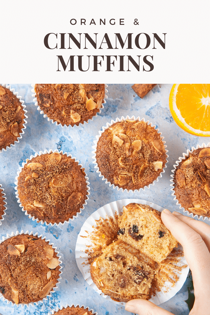 graphic text ORANGE & CINNAMON MUFFINS above a hand holding a halved orange muffins