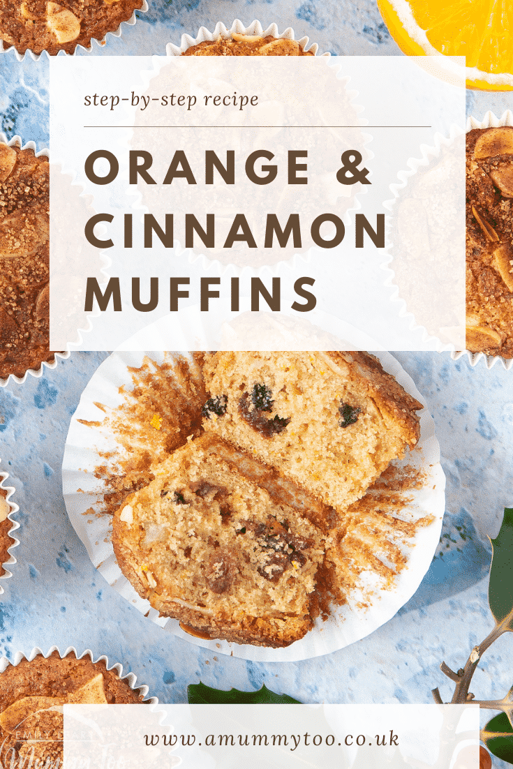 graphic text step-by-step recipe ORANGE & CINNAMON MUFFINS above Overhead shot of halved orange cinnamon muffins with website URL below