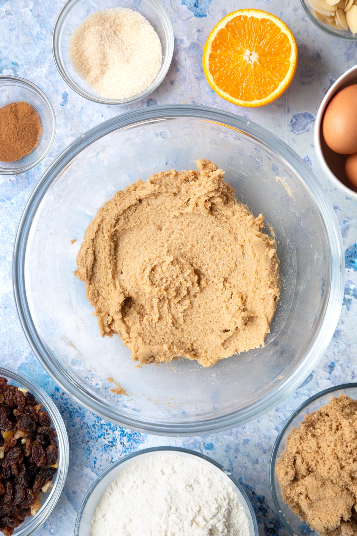 Overhead shot of butter mix in a large mixing bowl