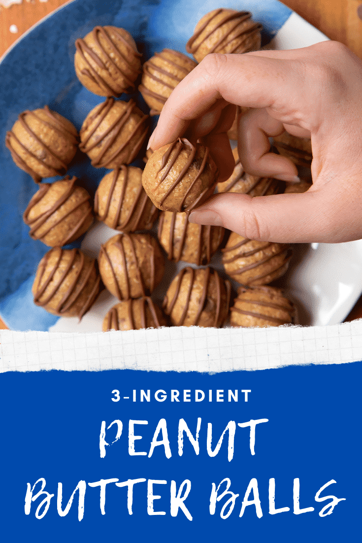 Peanut butter and oatmeal balls decorated with chocolate on a blue and white plate. A hand holds one. Caption reads: 3 ingredient peanut butter balls