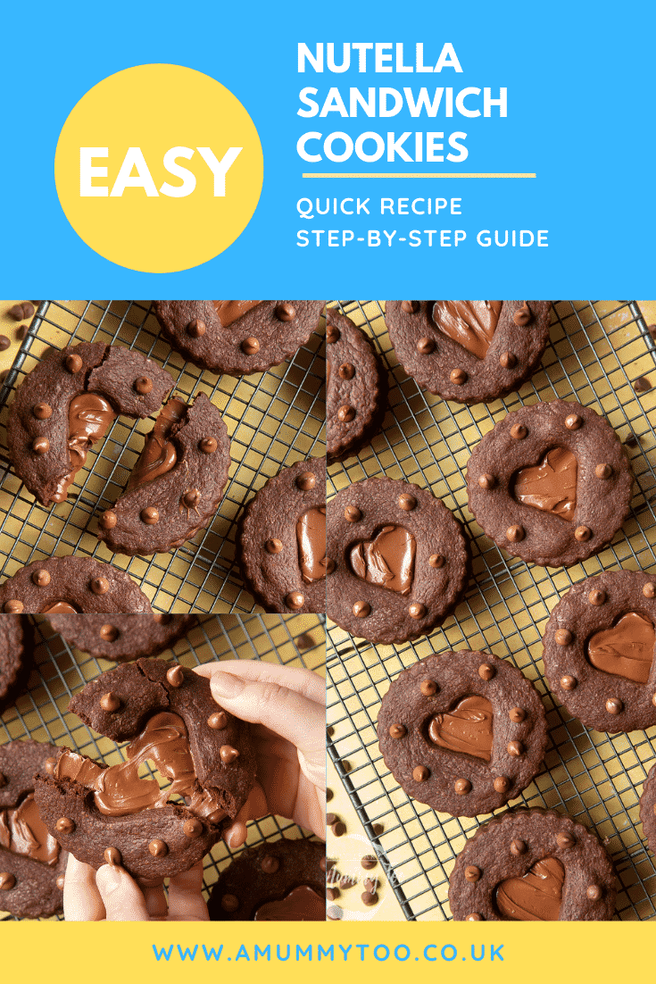 A collage of Nutella sandwich cookies on a cooling rack. Caption reads: easy Nutella sandwich cookies - quick recipe - step-by-step guide