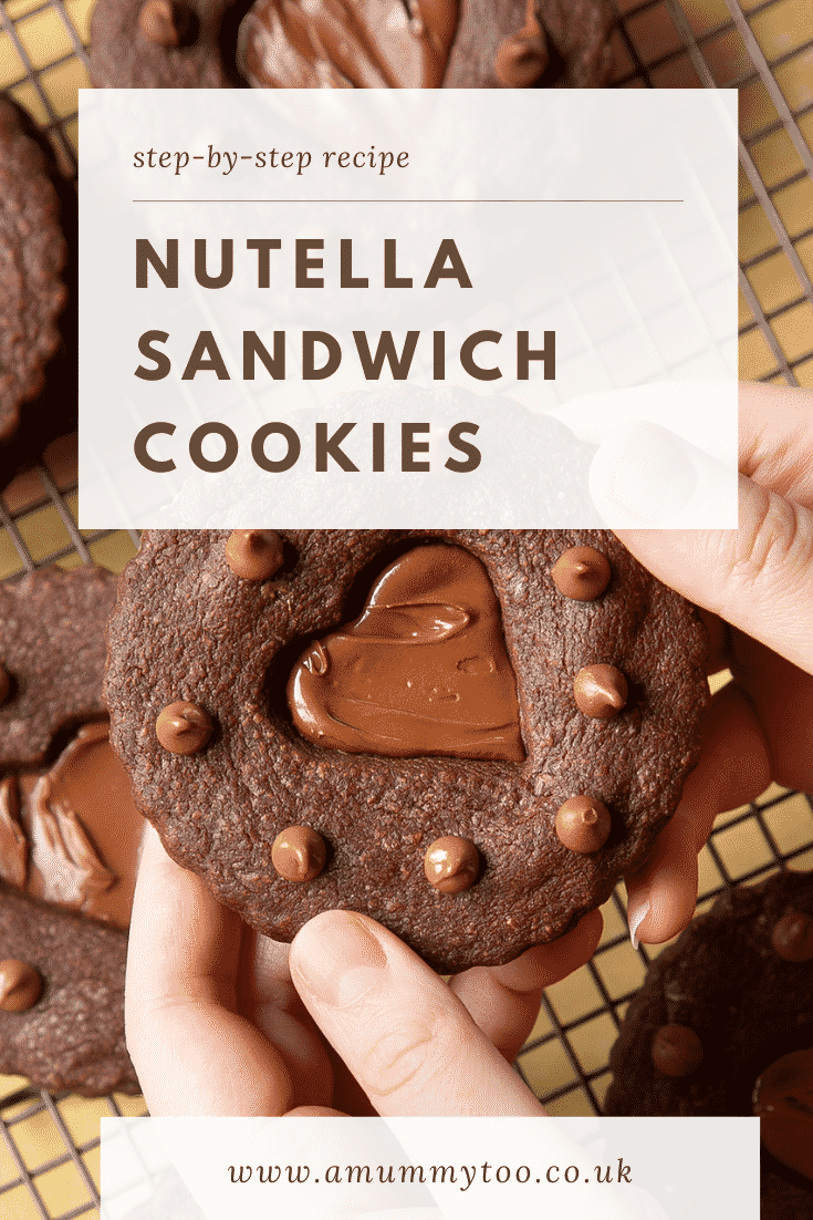 Two hands holding a Nutella sandwich cookie. Caption reads: step-by-step Nutella sandwich cookies