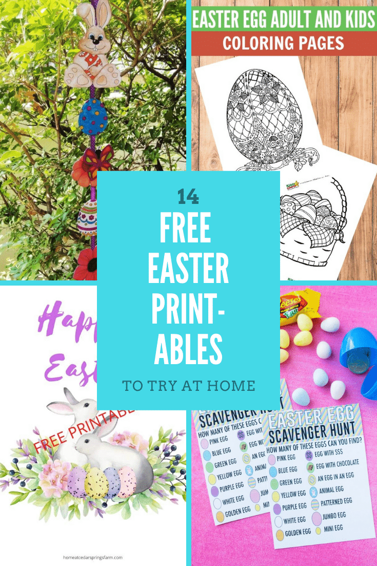 Collage of Easter printables. A text box reads: 14 Easter printables to try at home