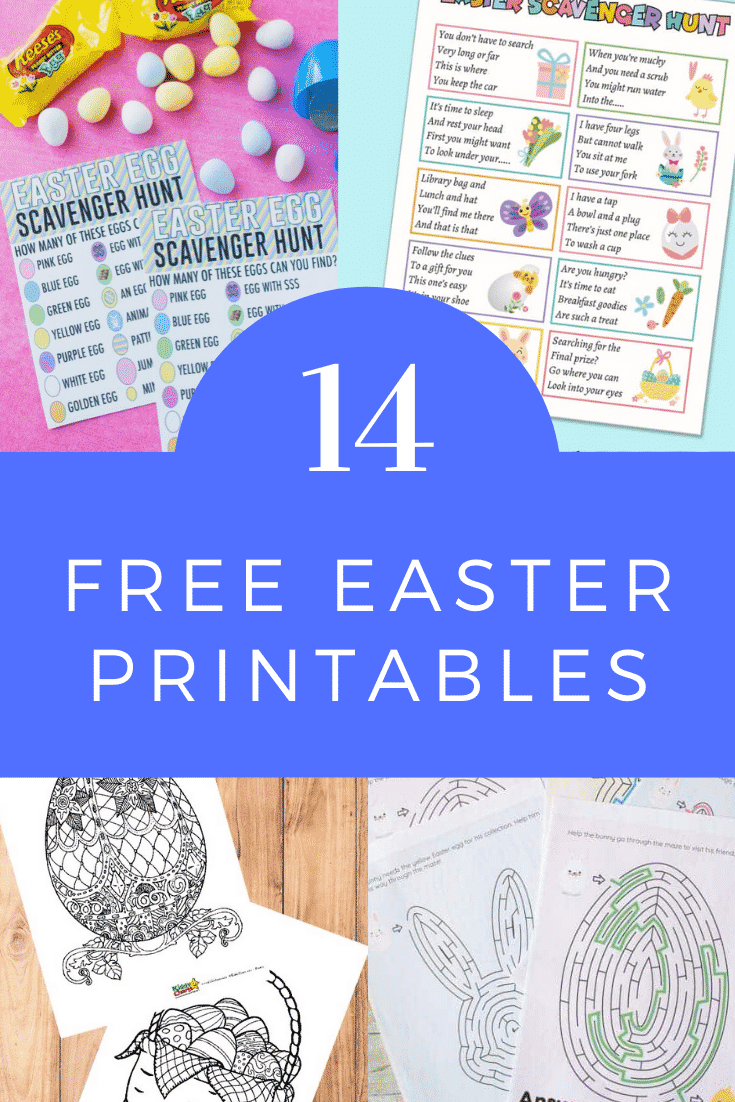 Collage of Easter printables. A text box reads: 14 free Easter printables