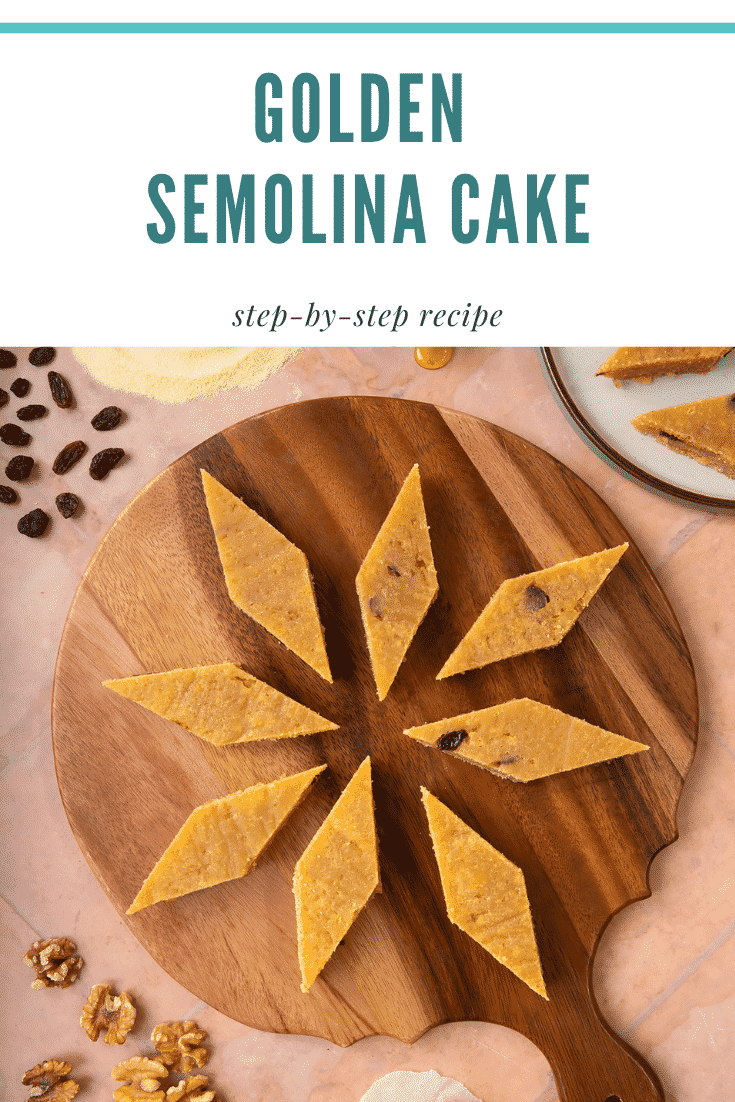 Sanwin-makin on a wooden board. Ingredients surround the board. Caption reads: golden semolina cake step-by-step recipe