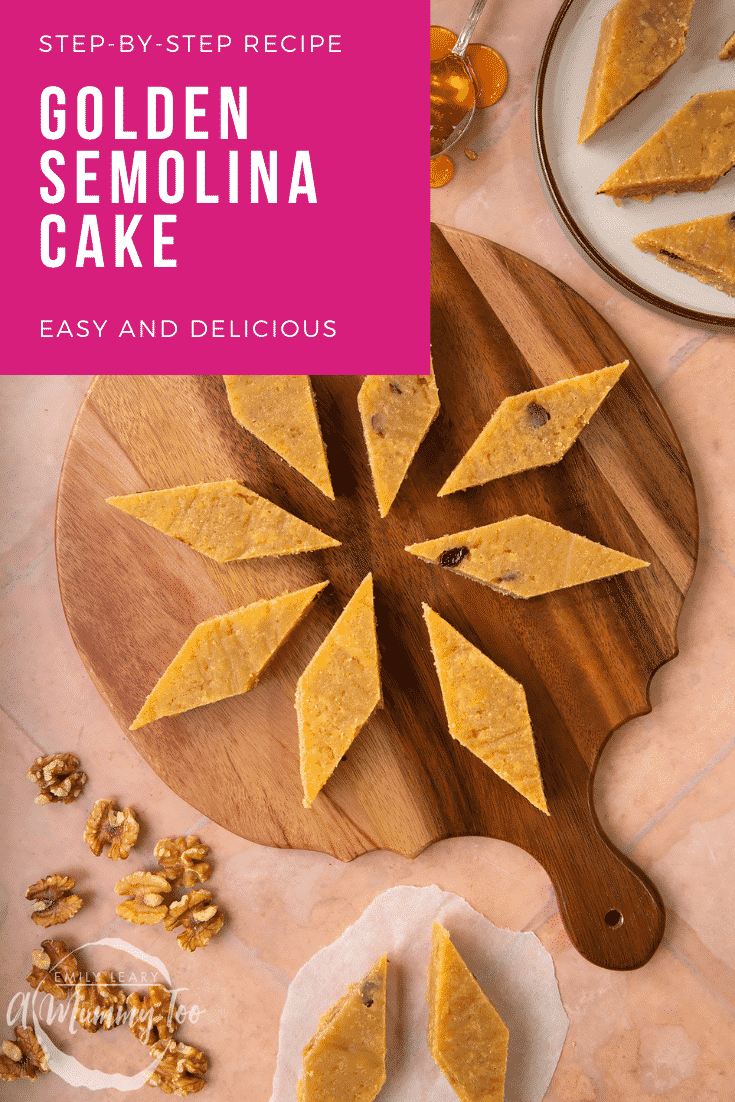 Sanwin-makin on a wooden board. Ingredients surround the board. Caption reads: step-by-step recipe golden semolina cake easy and delicious