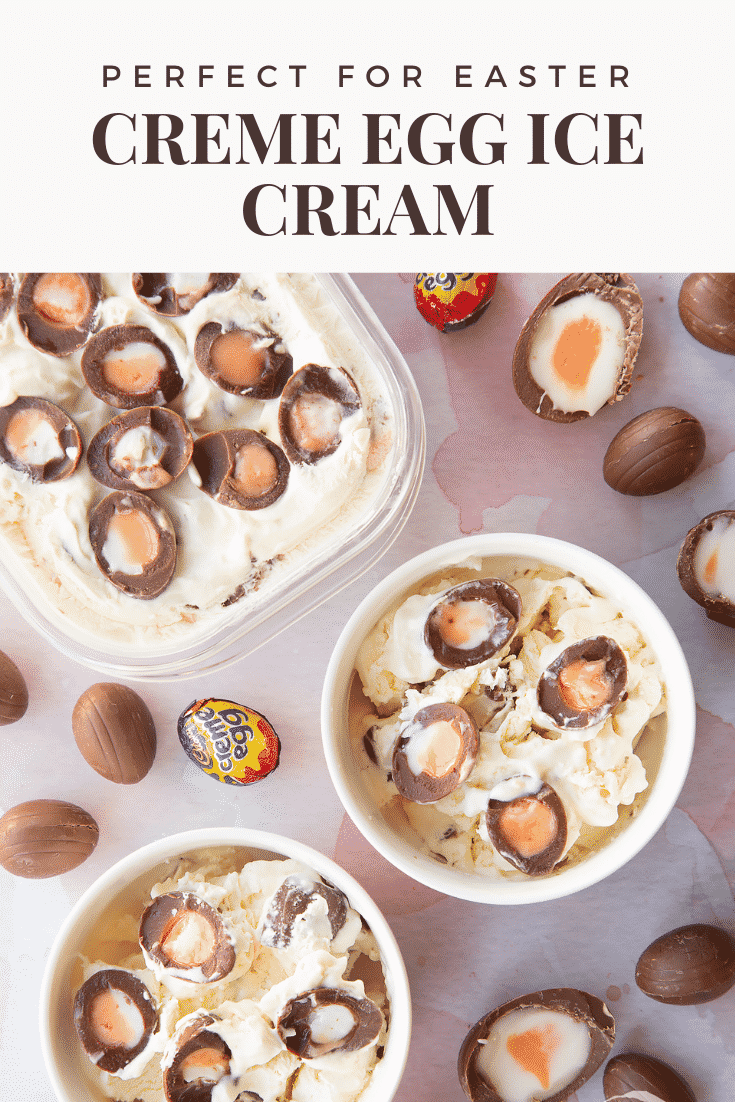 Creme Egg ice cream dished into two small white bowls. Caption reads: perfect for Easter Creme Egg ice cream