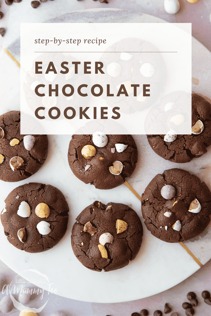 Chocolate Easter cookies arranged on a round marble board. Caption reads: step-by-step recipe Easter chocolate cookies