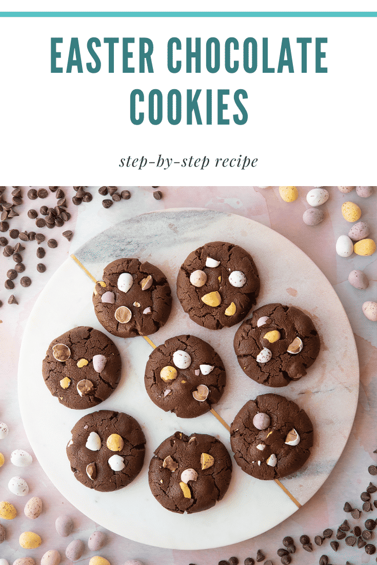 Chocolate Easter cookies arranged on a round marble board. Caption reads: Easter chocolate cookies step-by-step recipe
