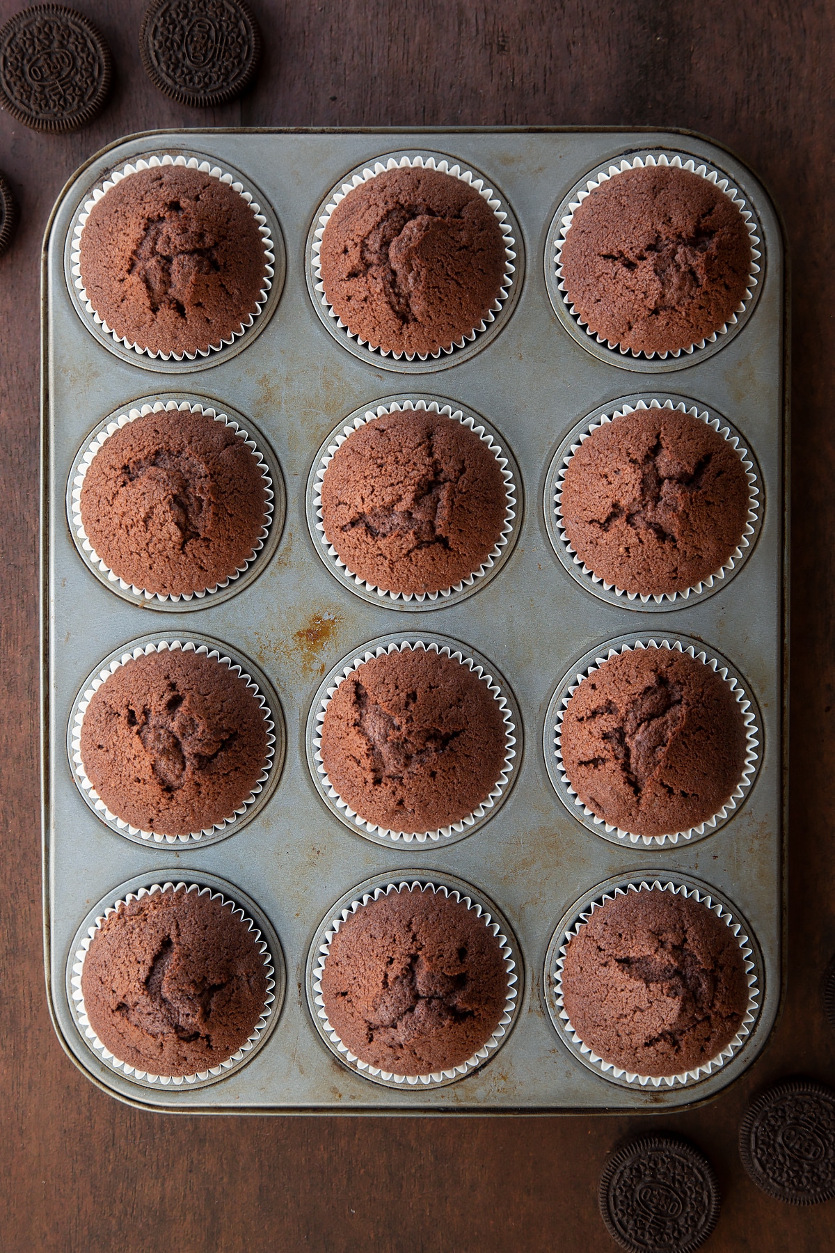 Overhead shot of baked chocolate cupcakes in a cupcake tray