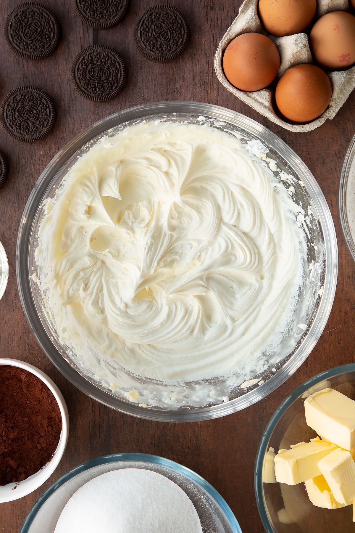 Overhead shot of whisked icing suagr and butter mix