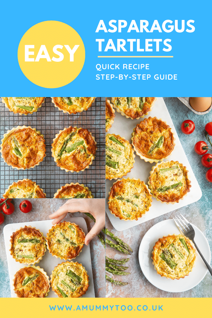 Collage of images of asparagus tartlets on a white marble board or white plate. Caption reads: easy asparagus tartlets quick recipe step-by-step guide