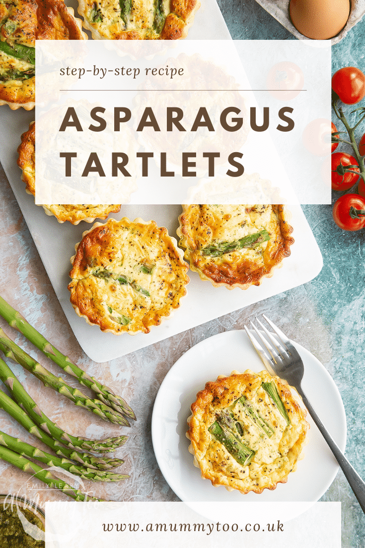 Asparagus tartlets on a white marble board and white plate. Caption reads: step-by-step recipe asparagus tartlets