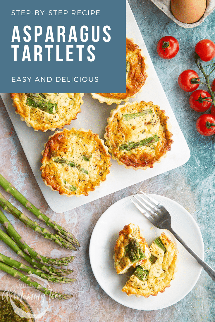 Asparagus tartlets on a white marble board and white plate. Caption reads: step-by-step recipe asparagus tartlets easy and delicious