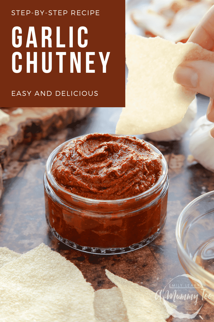 graphic text step-by-step recipe GARLIC CHUTNEY above Overhead shot of a hand holding a piece of bread dipped into garlic puree with website URL below