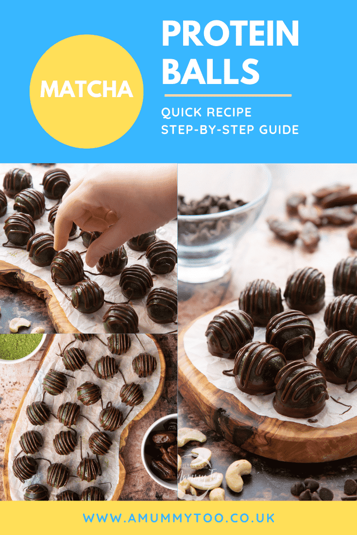 Collage of matcha protein balls on a wooden board lined with baking paper. Caption reads: matcha protein balls quick recipe step-by-step guide