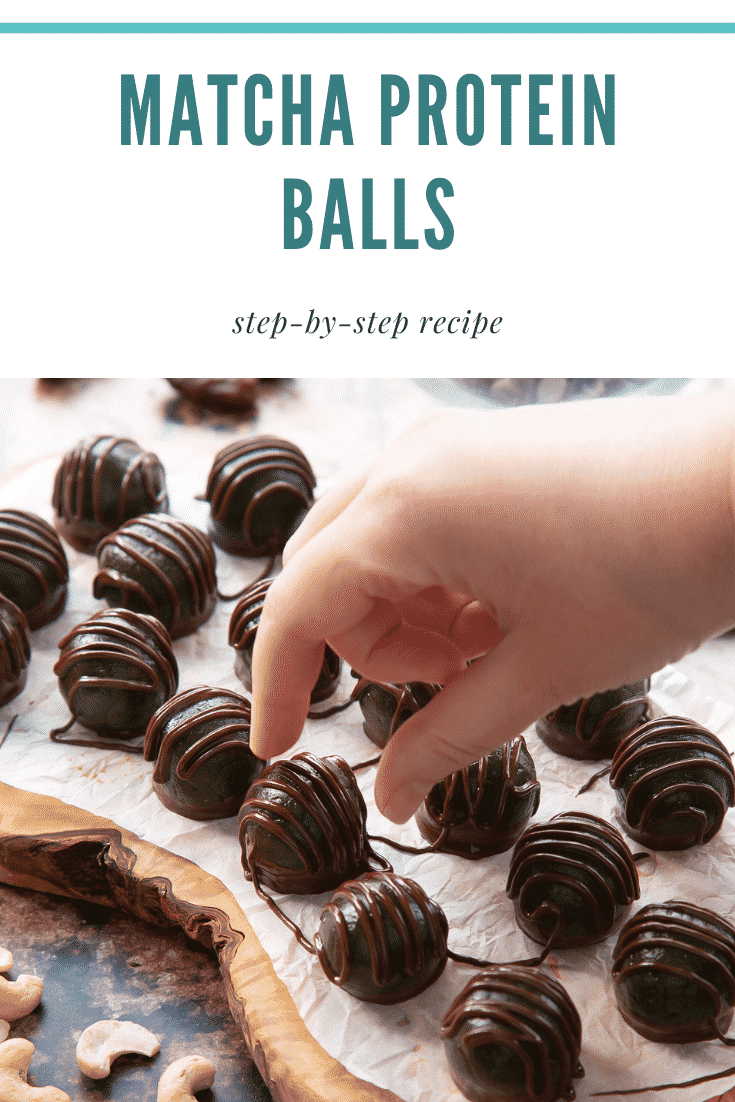 Matcha protein balls on a wooden board lined with baking paper. Hand reaches for one. Caption reads: matcha protein balls step-by-step recipe