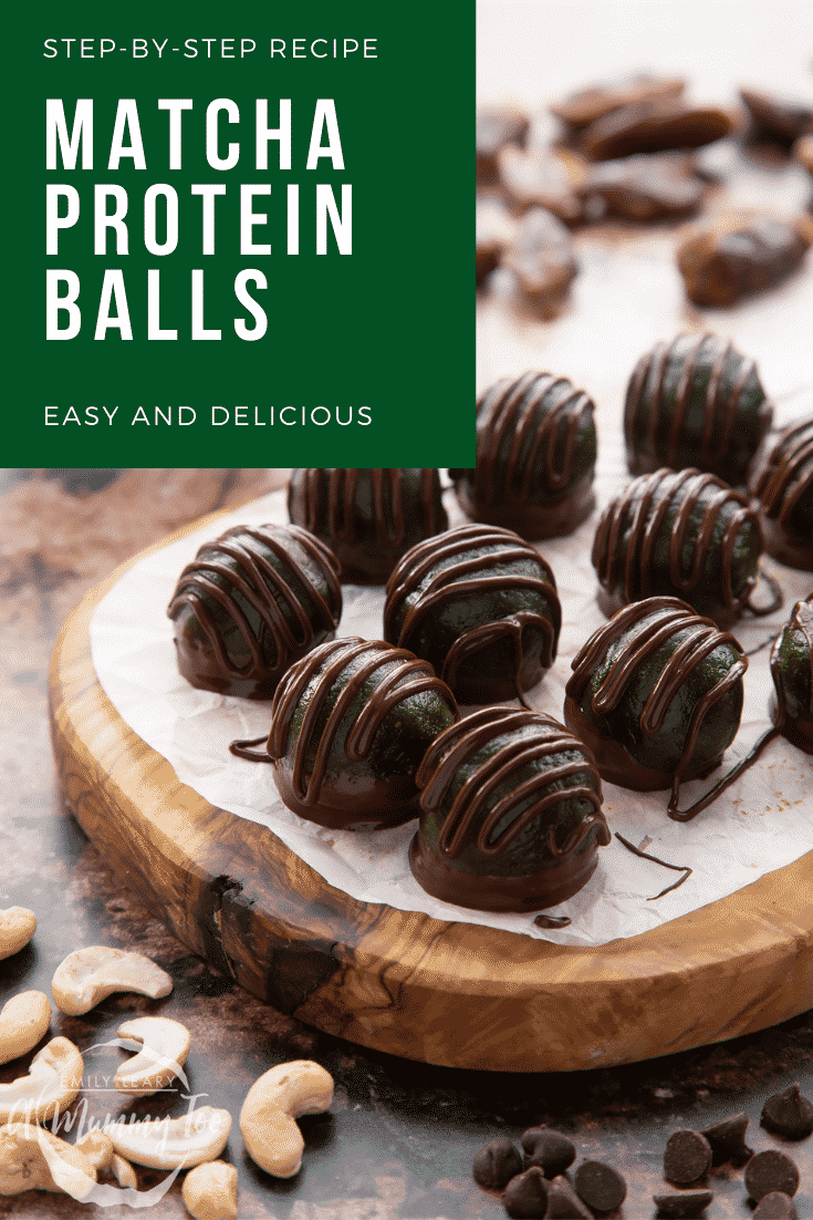 Matcha protein balls on a wooden board lined with baking paper. Caption reads: step-by-step recipe matcha protein balls easy & delicious