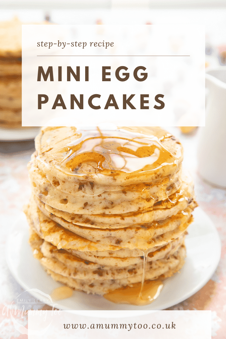 Tall, fluffy Mini Egg pancakes on a white plate in a tall stack. They are topped with syrup. Caption reads: step-by-step recipe Mini Egg pancakes