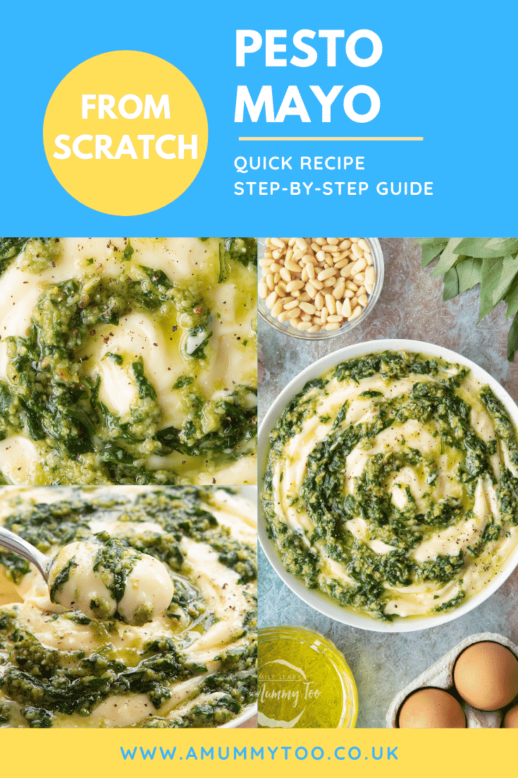 Collage of images showing pesto mayo in a white bowl. Caption reads: from scratch pesto mayo quick recipe step by step guide