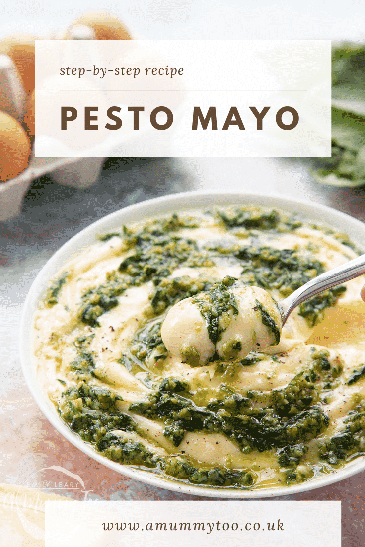 Pesto mayo in a white bowl. The pesto and mayonnaise are swirled together. Caption: step-by-step recipe pesto mayo