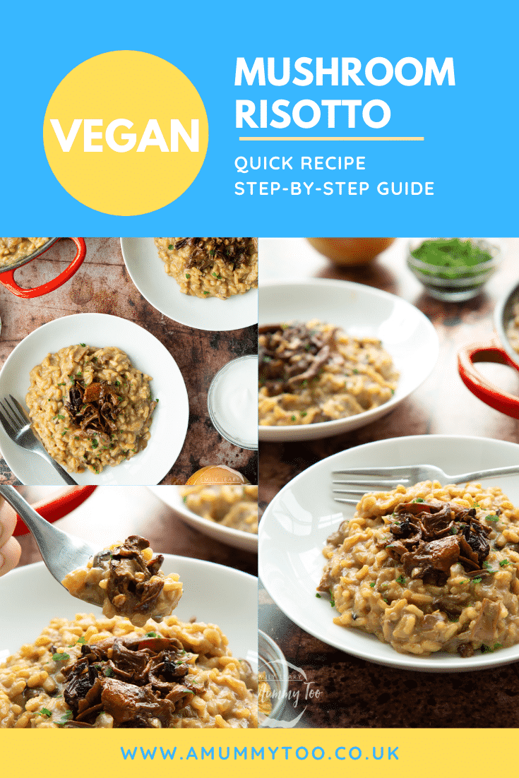 Collage of vegan mushroom risotto in a shallow white bowl with a fork. Caption reads: vegan mushroom risotto quick recipe step-by-step guide