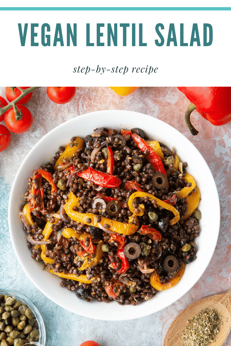 Vegan lentil salad served in a white shallow bowl. Caption reads: vegan lentil salad step-by-step recipe