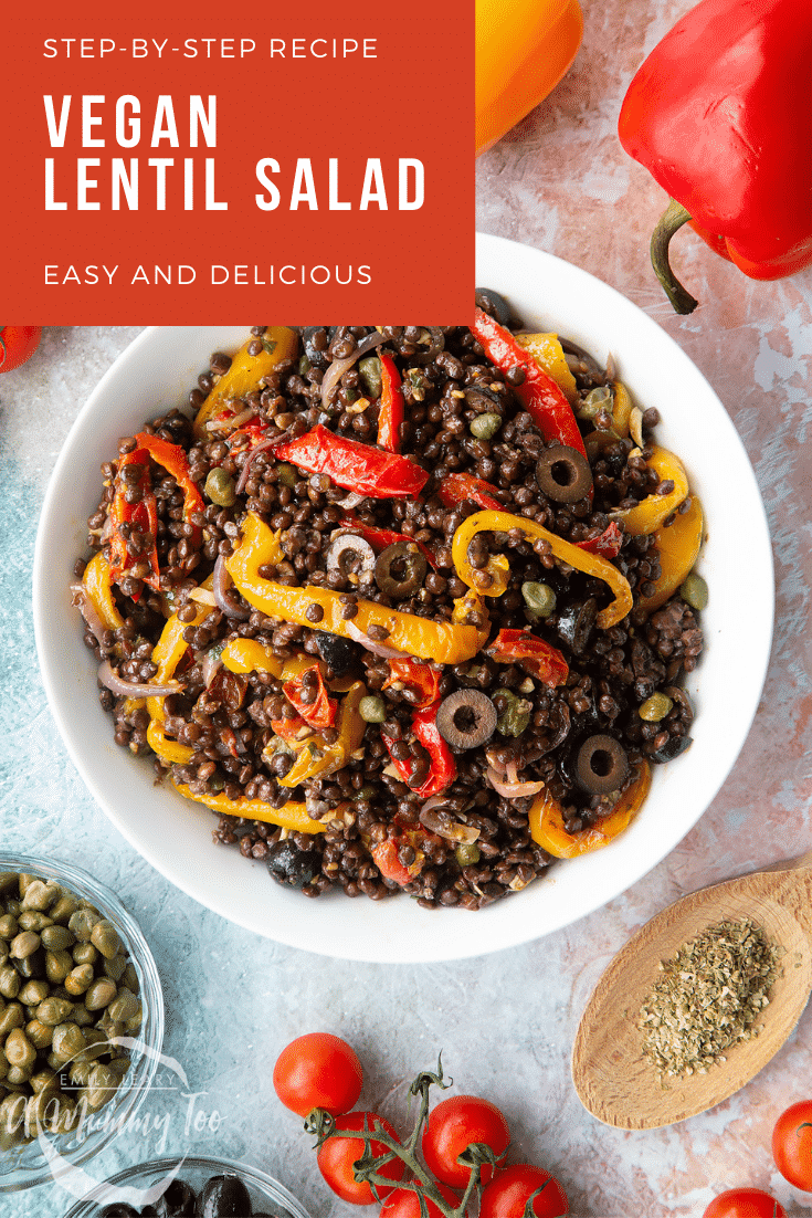 Vegan lentil salad served in a white shallow bowl. Caption reads: step-by-step recipe vegan lentil salad easy and delicious