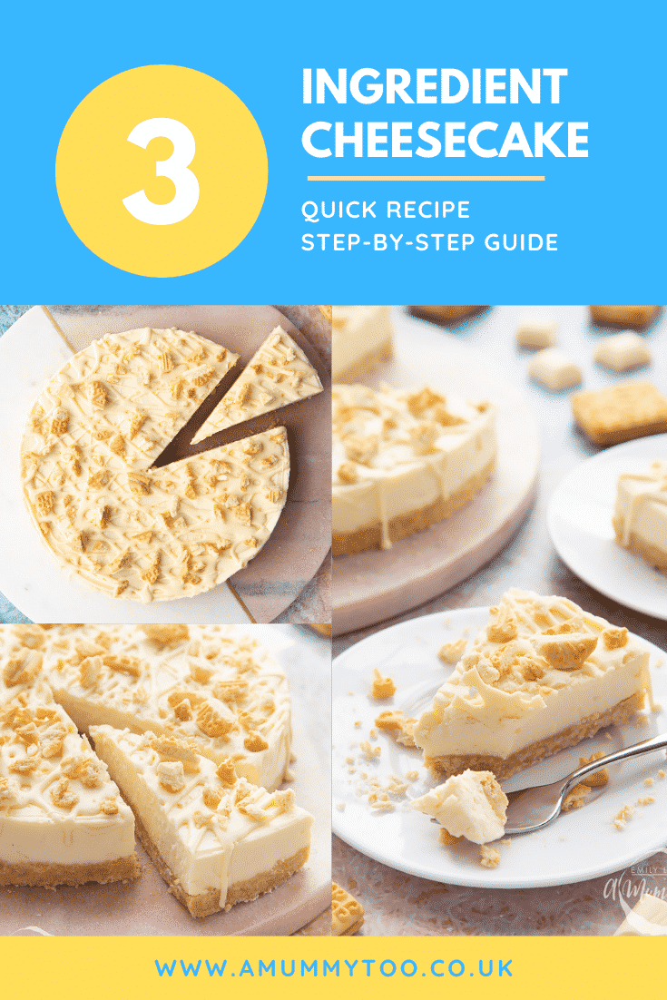 Graphic Text 3 INGREDIENT CHEESECAKE with front view shot of piece of cheesecake on a white plate