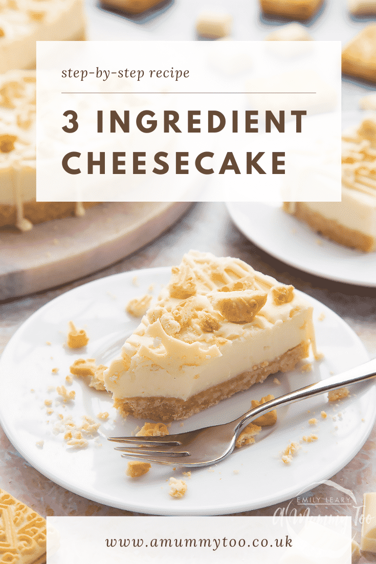 Graphic Text 3 INGREDIENT CHEESECAKE with front view shot of piece of cheesecake on a white plate