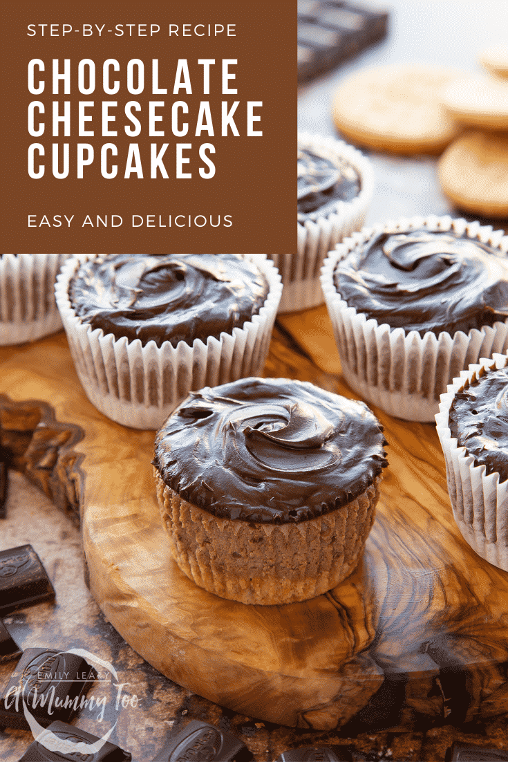 Chocolate cheesecake cupcakes in rows on an olive wood board. Caption reads: Step-by-step recipe chocolate cheesecake cupcakes easy and delicious