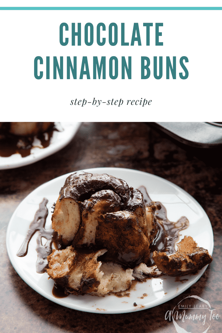graphic text step-by-step recipe CHOCOLATE CINNAMON BUNS above Overhead shot with chocolate cinnamon buns cut in half with website URL below