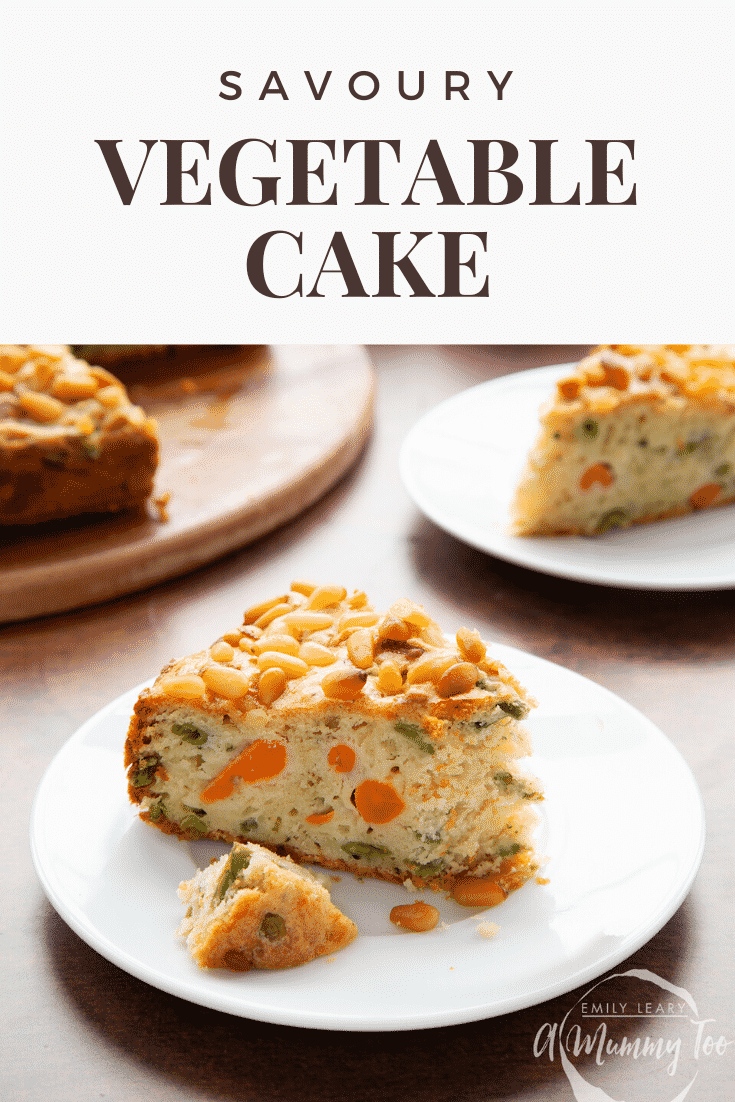 A slice of vegetable cake on a white plate with a piece broken off. Caption reads: savoury vegetable cake.